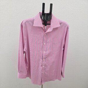 RALPH LAUREN MEN SIZE 17 1/2 PINK LONG SLEEVE WITH BLUE, WHITE AND PURPLE STRIPE